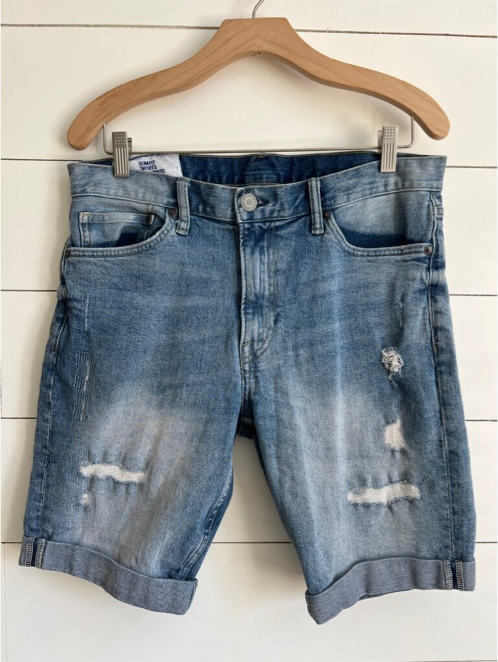 H&M Slim Fit Distressed Jean Shorts Men's Size 32 Rolled Cuff Summer Streetwear